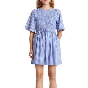 Apiece Apart Adorna Smocked Striped Cotton Mini Dress Blue White Size Medium